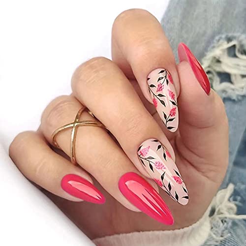 Ceboic 24 Stück Nägel Zum Aufkleben Mittel Mandel, French Rosenrot Blumen Künstliche Nägel, Stiletto Kunstnägel Press on Nails mit Nagelkleber Aufkleber, Acryl Fingernägel Zum Aufkleben für Frauen von Ceboic