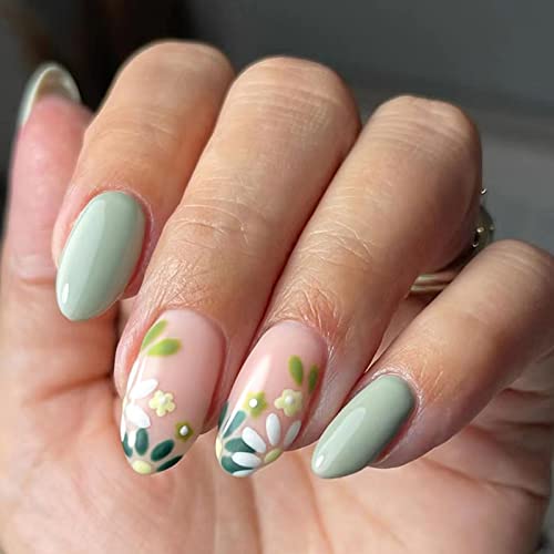 Ceboic 24 Stück Nägel Zum Aufkleben Mittel Mandel, Grüne Blumen French Künstliche Nägel, Oval Gradient Kunstnägel Press on Nails mit Nagelkleber Aufkleber, Acryl Fingernägel Zum Aufkleben für Frauen von Ceboic
