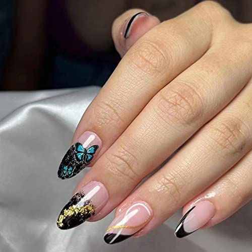 Ceboic 24 Stück Nägel Zum Aufkleben Mittel Mandel, Schwarz Gradient French Künstliche Nägel, Oval Kunstnägel Press on Nails mit Schmetterling Designs, Acryl Fingernägel Zum Aufkleben für Frauen von Ceboic