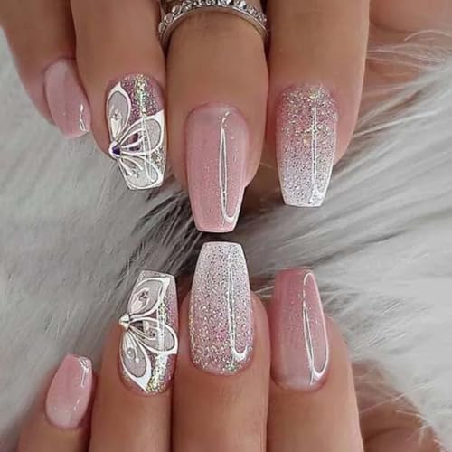 Ceboic 24 Stück Nägel Zum Aufkleben Mittel Sarg, French Künstliche Nägel Rosa Glitzer Kunstnägel Press on Nails mit Schmetterlings Strass, Ballerina Acryl Fake Nails für Frauen Mädchen von Ceboic