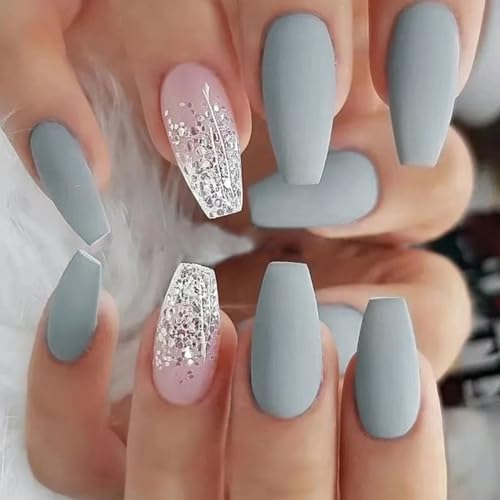 Ceboic 24 Stück Nägel Zum Aufkleben Mittel Sarg, Grau Blau Frosted Französische Kunstnägel Press on Nails Rosa Glänzend Ballerina Künstliche Nägel, Acryl Full Cover Fingernägel Fake Nails für Frauen von Ceboic