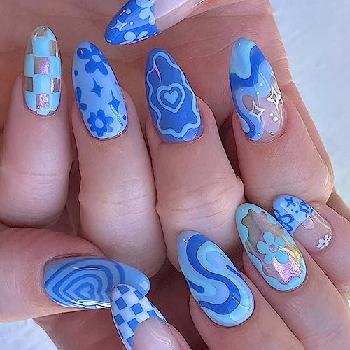 Ceboic 24 Stück Nägel Zum Aufkleben Mittellang, French Mandel Kunstnägel Press on Nails Full Cover Künstliche Nägel, Oval Glänzend Acryl Falsche Nägel für Frauen und Mädchen (Blaue Blumen & Liebe) von Ceboic