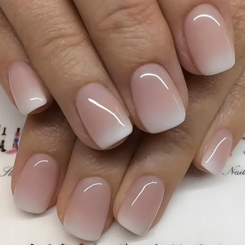 Ceboic 24 Stück Nägel zum Aufkleben Kurz Eckig, French Press on Nails Rosa Weiß Farbverlauf Falsche Nägel, Natürliche Fingernägel zum Aufkleben Full Cover Kunstnägel für Frauen Mädchen DIY Nail Art von Ceboic