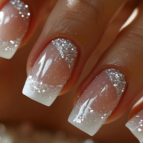 Ceboic 24 Stück Nägel zum Aufkleben Mittel, Square French Weiß Press on Nails Nude Glänzend Künstliche Nägel, Natürliche Fingernägel zum Aufkleben Full Cover Kunstnägel für Frauen Mädchen Nail Art von Ceboic