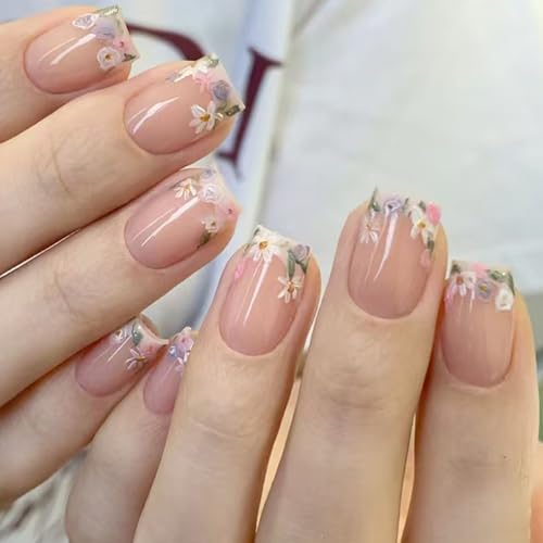 Ceboic 24 Stück Nude Rosa French Press on Nails, Kurze Quadratische Fingernägel Zum Aufkleben mit Süße Blumen, Acryl Full Cover Falsche Nägel, Natürlich Künstliche Nägel Zum Aufkleben für Frauen von Ceboic