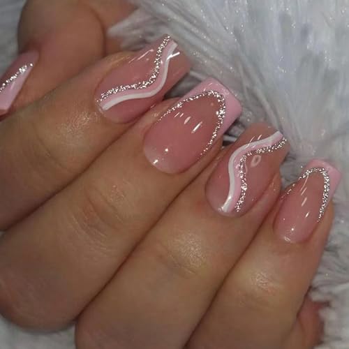 Ceboic 24 Stück Press on Nails Eckig Kurz, French Rosa Weiß Streifen Künstliche Nägel Glossy Ballerina Falsche Nägel mit Nagelkleber Aufkleber, Kunstnägel Nägel Zum Aufkleben für Frauen und Mädchen von Ceboic