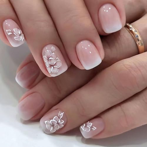 Ceboic 24 Stück Press on Nails Eckig Kurz, French Weiß Blumen Künstliche Nägel Glossy Ballerina Falsche Nägel, Rosa Gradient Kunstnägel Nägel Zum Aufkleben für Frauen und Mädchen von Ceboic