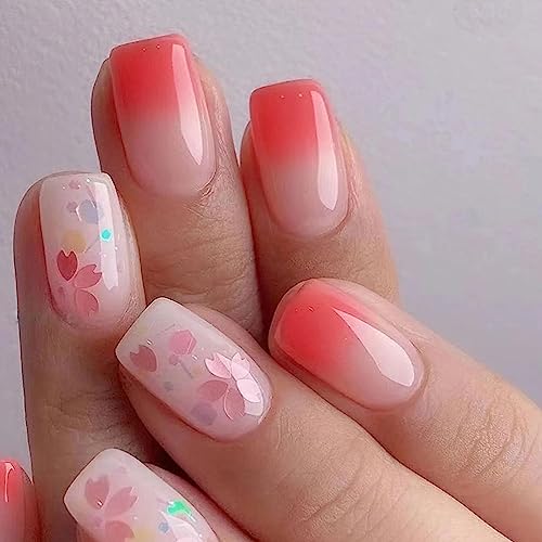 Ceboic 24 Stück Press on Nails Kurz, Eckig French Rouge Cute Blumen Nägel Zum Aufkleben, Glänzend Kunstnägel Fake Nails mit Nagelkleber Aufkleber, Acryl Künstliche Fingernägel für Frauen & Mädchen von Ceboic