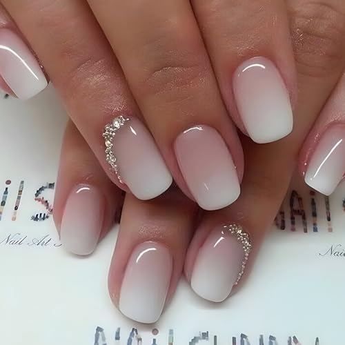 Ceboic 24 Stück Press on Nails Kurz, Hellrosa Farbverlauf French Künstliche Nägel Eckig Fingernägel zum Aufkleben, Acryl Kunstnägel Fake Nails Full Cover Falsche Nägel für Frauen Mädchen Nagelkunst von Ceboic