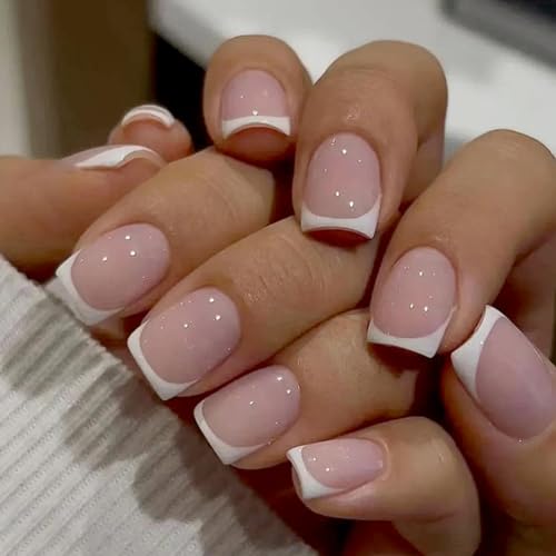 Ceboic 24 Stück Press on Nails Kurz, Nude Rosa Künstliche Nägel French Kunstnägel mit Weiß Rand Design, Eckig Wiederverwendbar Falsche Nägel Acryl Fingernägel zum Aufkleben für Frauen und Mädchen von Ceboic