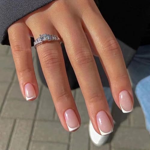 Ceboic 24 Stück Press on Nails Kurz, Nude Rosa Nageltips Französische Nägel zum Aufkleben mit Weiß Rand Design, Vollständige Abdeckung Künstliche Nägel Acryl Fingernägel Fake Nails für Frauen Mädchen von Ceboic