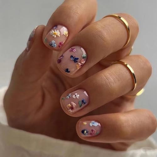 Ceboic 24 Stück Press on Nails Kurz Eckig, Glänzend Nude Kunstnägel zum Aufkleben mit Frühling Blumen Design, Niedlich Künstliche Nägel Full Cover Acryl Falsche Nägel für Frauen Mädchen von Ceboic