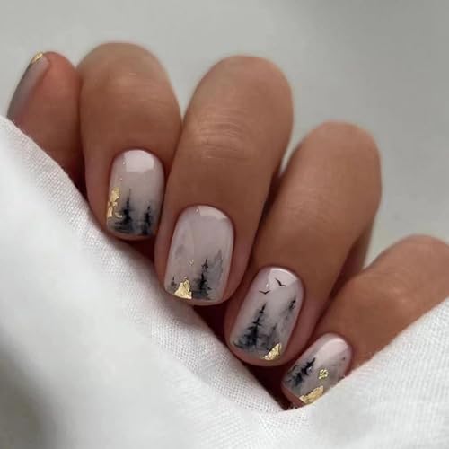 Ceboic 24 Stück Press on Nails Kurz Eckig, Vintage Schwarz Weiß Nageltips Französische Nägel zum Aufkleben mit Nagelkleber Aufkleber, Acryl Vollständige Abdeckung Künstliche Nägel für Frauen Mädchen von Ceboic