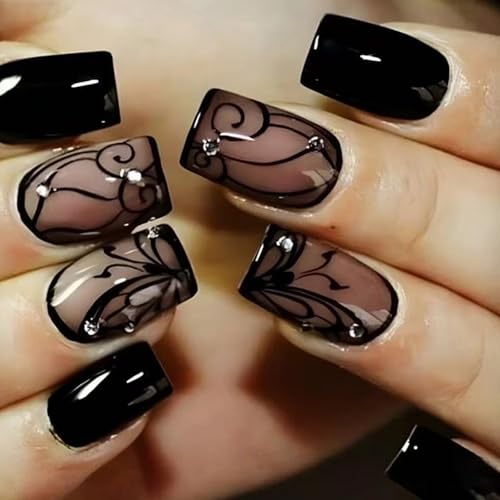 Ceboic 24 Stück Press on Nails Kurz Quadratische, Französisch Nägel zum Aufkleben Schwarz Ranke Design Kunstnägel Künstliche Nägel, Vollabdeckung Selbstklebende Fingernägel Fake Nails für Frauen von Ceboic