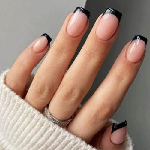 Ceboic 24 Stück Press on Nails Kurz Square Kunstnägel zum Aufkleben Nude Rosa Französische Künstliche Nägel mit Schwarz Rand Design Eckig Acryl Fingernägel Fake Nails für Frauen und Mädchen von Ceboic