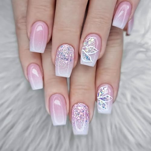 Ceboic 24 Stück Press on Nails Kurz Square Rosa Weiß Glitzer French Künstliche Nägel Soft Gel Falsche Nägel Eckig Kunstnägel Fake Nails Acryl Full Cover Fingernägel Zum Aufkleben für Frauen von Ceboic