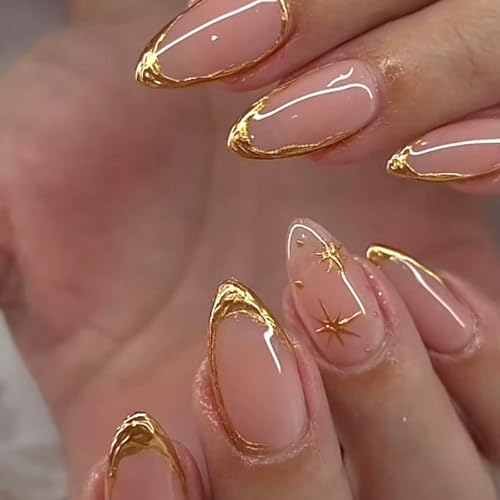 Ceboic 24 Stück Press on Nails Mandel, Mittel Lang Nude Rosa Nägel zum Aufkleben, French Gold Tip Künstliche Nägel, Glänzend Full Cover Acryl Kunstnägel Fake Nails für Frauen Mädchen Maniküre von Ceboic