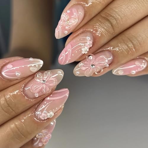 Ceboic 24 Stück Press on Nails Mandel, Mittel Lang Rosa Gradient Nägel zum Aufkleben, French Künstliche Nägel mit 3D Blumen Perlen Design, Full Cover Acryl Kunstnägel Fake Nails für Frauen Mädchen von Ceboic