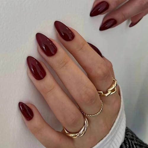 Ceboic 24 Stück Press on Nails Mandel Kurz, Französische Tips Weinrot Künstliche Nägel, Glossy Reine Farbe Gel Kunstnägel Nägel Zum Aufkleben, Oval Acryl Fingernägel Fake Nails für Frauen und Mädchen von Ceboic