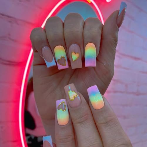 Ceboic 24 Stück Press on Nails Mittel, Eckig Nägel zum Aufkleben French Künstliche Nägel, Square Full Cover Kunstnägel mit Liebe Regenbogen Design Acryl Fingernägel Falsche Nägel für Frauen von Ceboic