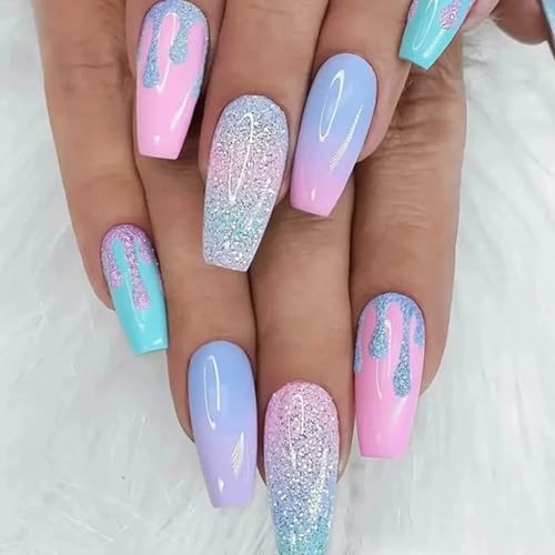 Ceboic 24 Stück Press on Nails Mittel, Macaron Farbe Gradient Nageltips Sarg Künstliche Nägel Full Cover Kunstnägel zum Aufkleben, Französische Acryl Fingernägel Falsche Nägel für Frauen & Mädchen von Ceboic