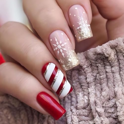 Ceboic 24 Stück Press on Nails Mittel, Square Künstliche Nägel Weihnachten Schneeflocke Nägel Zum Aufkleben, Gold Glänzend Kunstnägel Selbstklebend Acryl Fingernägel Fake Nails für Frauen und Mädchen von Ceboic