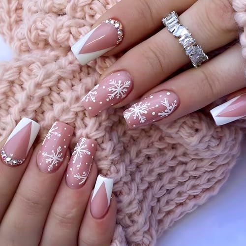 Ceboic 24 Stück Press on Nails Mittel, Square Künstliche Nägel Weihnachten Schneeflocke Nägel Zum Aufkleben mit Strass, Rosa Glossy Kunstnägel Selbstklebend Acryl Fingernägel Fake Nails für Frauen von Ceboic
