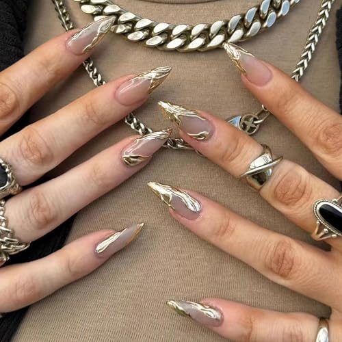 Ceboic 24 Stück Press on Nails Mittel Mandel, 3D Handgefertigt Nägel Zum Aufkleben Gold Streifen French Fake Nails, Wiederverwendbare Akrylnägel Künstliche Nägel, Fingernägel zum Aufkleben für Frauen von Ceboic
