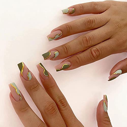 Ceboic 24 Stück Press on Nails Mittel Sarg, Gold Wavy Französische Tipp Künstliche Nägel, Acryl Nägel Zum Aufkleben mit Designs, Fingernägel Fake Nails für Frauen und Mädchen von Ceboic