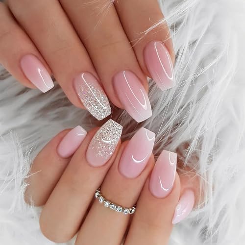 Ceboic 24 Stück Press on Nails Mittel Sarg Rosa Weiß Gradient French Kunstnägel zum Aufkleben Glänzend Ballerina Künstliche Nägel Acryl Fingernägel Fake Nails für Frauen Mädchen Maniküre Dekoration von Ceboic