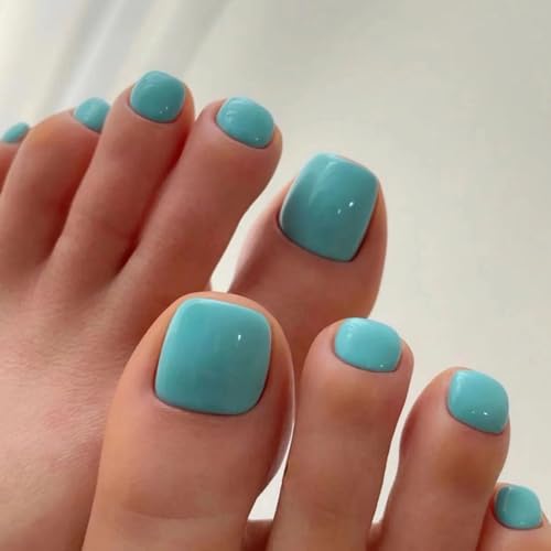 Ceboic 24 Stück Seeblau Fußnägel zum Aufkleben, Französisch Kurz Quadratische Künstliche Zehennägel, Einfarbige Falsche Zehennägel Full Cover Natürliche Fussnägel Tips, Artificial Toenails für Frauen von Ceboic