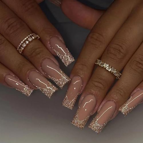 Ceboic 24 Stück Soft Gel Press on Nails Lange Gold Glänzend French Künstliche Nägel Full Cover Kunstnägel Nägel Zum Aufkleben Sarg Acryl Fingernägel Fake Nails für Frauen & Mädchen von Ceboic