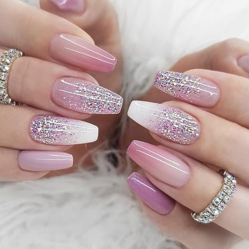 Ceboic 24 Stück Soft Gel Press on Nails Mittel Sarg Lila Farbverlauf French Künstliche Nägel Full Cover Glänzend Kunstnägel Nägel Zum Aufkleben Acryl Fingernägel Fake Nails für Frauen & Mädchen von Ceboic