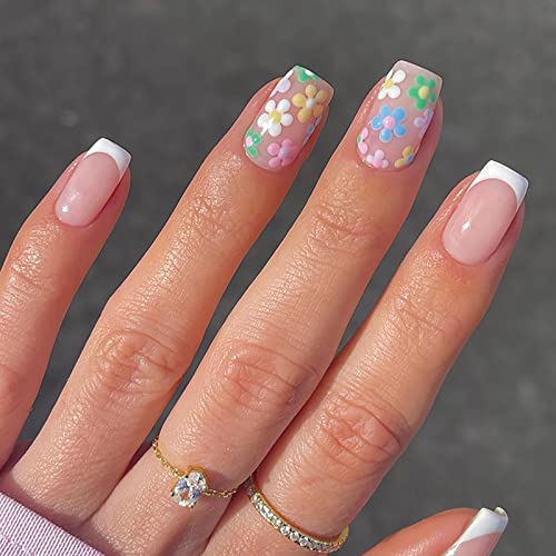 Ceboic 24 Stück Viereckig Kurz Press on Nails, Bunt Französisches Blumen Design Künstliche Nägel, Acryl Falsche Nagelspitzen mit Klebesticker, Kunstnägel Nägel Zum Aufkleben für Frauen und Mädchen von Ceboic