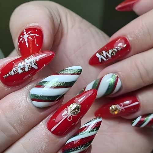 Ceboic 24 Stück Weihnachten Press on Nails, Mittellang Mandel Nägel Zum Aufkleben, Rot Grün Streifen Glitzer Fingernägel Künstliche Nägel mit Weihnachtsband Design, Acryl Falsche Nägel für Frauen von Ceboic