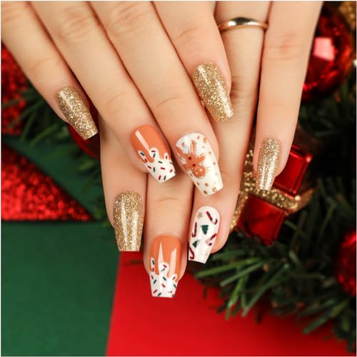 Ceboic 24 Stück Weihnachten Press on Nails Kurz, Ballerina Französische Gold Glänzend Künstliche Nägel Acryl Nägel Zum Aufkleben mit Weihnachtsbaum, Full Cover Fingernägel Fake Nails für Frauen von Ceboic