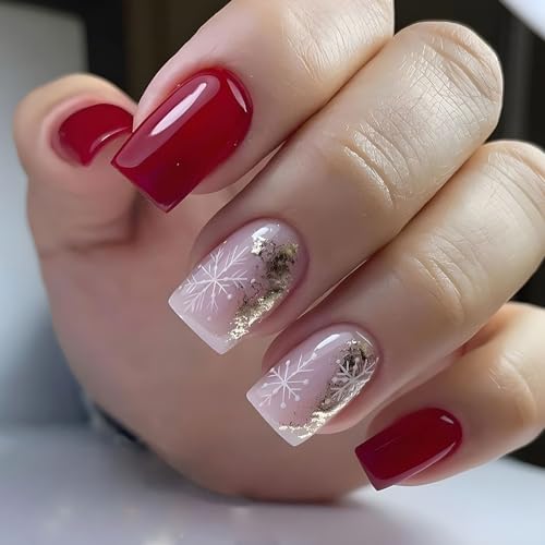 Ceboic 24 Stück Weihnachten Press on Nails Kurz, Rosa Schneeflocke French Künstliche Nägel, Acryl Fingernägel zum Aufkleben mit Nagelkleber Aufkleber, Square Festival Fake Nails für Frauen Mädchen von Ceboic