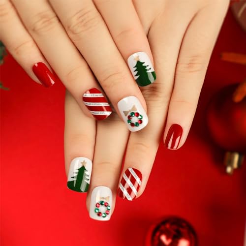 Ceboic 24 Stück Weihnachten Press on Nails Kurz Eckig, Französische Kunstnägel Nägel Zum Aufkleben mit Weihnachtsbaum Süßigkeiten, Natürliche Acryl Full Cover Künstliche Nägel für Frauen & Mädchen von Ceboic