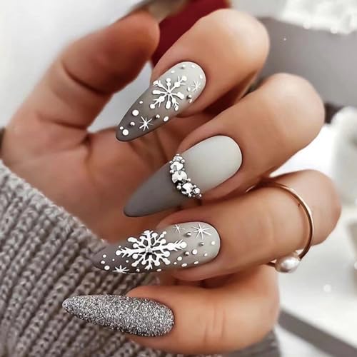 Ceboic 24 Stück Weihnachten Press on Nails Mandel, Lang Ballerina Französische Künstliche Nägel Schneeflocke Strass Acryl Nägel Zum Aufkleben, Full Cover Kunstnägel Falsche Nägel für Frauen & Mädchen von Ceboic