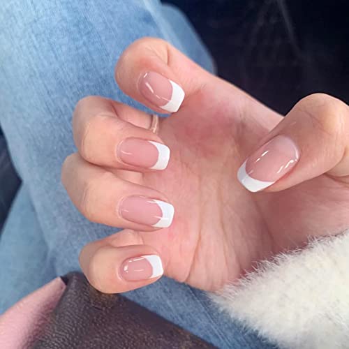 Ceboic 24 Stück Weiß Französisch Tip Press on Nails Kurz, Sarg Nude Acryl Falsche Nägel Zum Aufkleben, Glossy French Fake Nails für Frauen und Mädchen Tägliche Nutzung von Ceboic