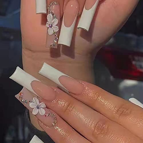 Ceboic 24 Stück Weiß Künstliche Nägel Lange Sarg, Blume Französische Kunstnägel Falsche Nägel mit Strass Designs, Glänzende Nude Rosa Acryl Fingernägel Fake Nails für Frauen und Mädchen von Ceboic