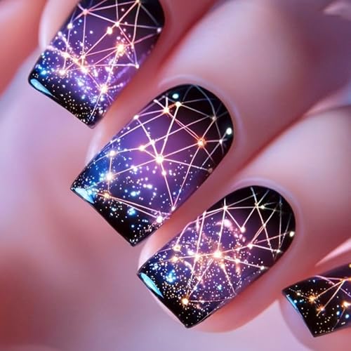 Ceboic 24Pcs Eckig Nägel Zum Aufkleben, Mittel Glänzend Sternenhimmel Galaxie Künstliche Nägel, French Tip Press on Nails, Full Cover Kunstnägel Square Fingernägel Fake Nails für Frauen Mädchen von Ceboic