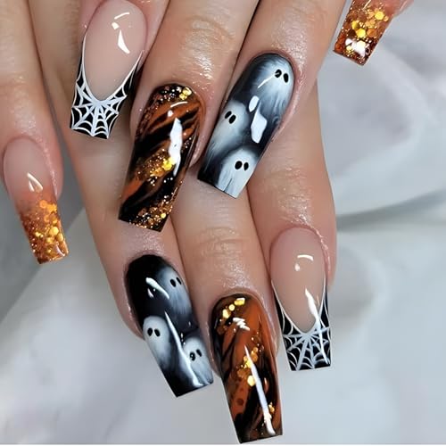 Ceboic 24Pcs Halloween Nägel Zum Aufkleben Lang Eckig Gold Glänzend French Press on Nails Geist Spinnennetz Design Fingernägel zum Aufkleben Acryl Full Cover Kunstnägel Fake Nails für Frauen Mädchen von Ceboic