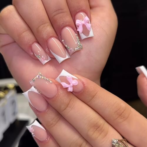 Ceboic 24Pcs Press on Nails Eckig, Mittel Nude Pink Nägel zum Aufkleben 3D Schleife & Glitzer Strasssteine Full Cover Kunstnägel Fake Nails, French Künstliche Nägel für Frauen Mädchen DIY Maniküre Ceboic 24Pcs Press on Nails Eckig, Mittel Nude Pink Nägel zum Aufkleben 3D Schleife & Glitzer Strasssteine Full Cover Kunstnägel Fake Nails, French Künstliche Nägel für Frauen Mädchen DIY Maniküre von Ceboic