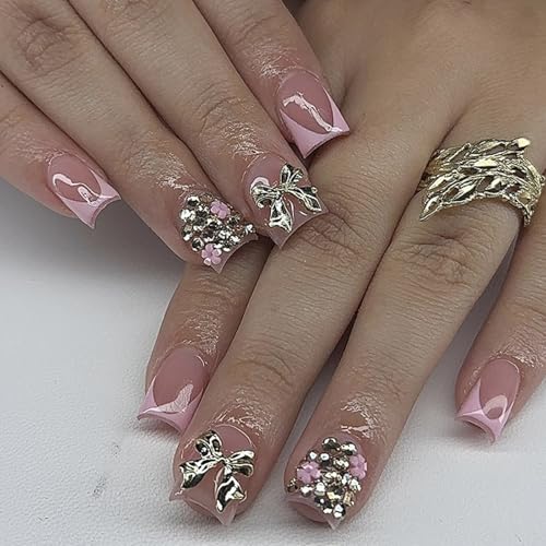 Ceboic 24Pcs Press on Nails Kurz Eckig, Nude Pink Nägel zum Aufkleben 3D Silber Schleife Full Cover Kunstnägel mit Strass, Glitzer Nägel zum Aufkleben French Fake Nails für Frauen & Mädchen von Ceboic