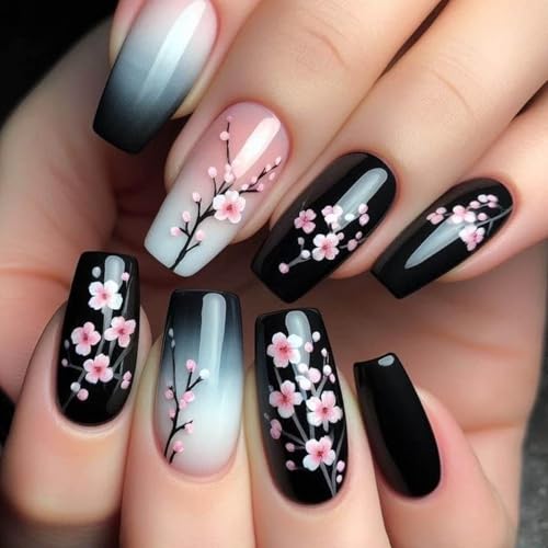 Ceboic 24Pcs Press on Nails Mittel Lang, Schwarz Farbverlauf Nägel zum Aufkleben Sarg Acryl Full Cover Kunstnägel mit Pflaumenblüte Design, Natürlich Künstliche Nägel French Fake Nails für Frauen von Ceboic