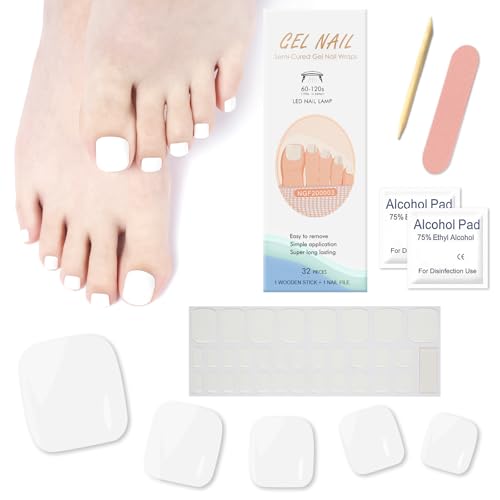 Ceboic 32 Stück Selbstklebend Fußnagel Sticker, Pure Farbe Nagelfolie UV Härtend Vollabdeckung Zehennagellack Aufkleber, Gel Nail Wraps Nagelsticker Geschenke für Frauen Mädchen (Weiß) von Ceboic