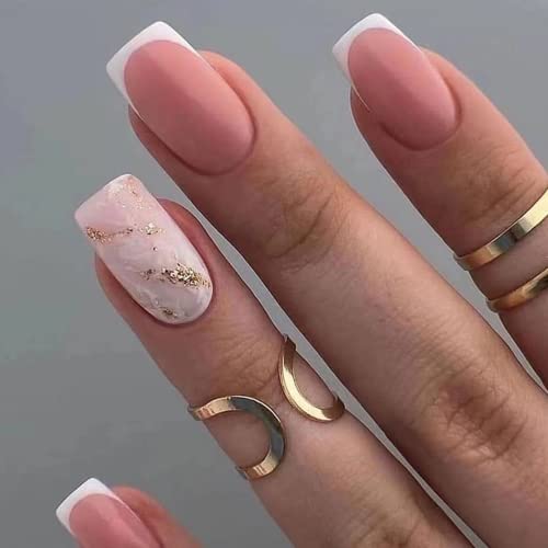 Ceboic Eckig Künstliche Nägel Kurz, French Gold Glitzer Nägel Zum Aufkleben, Ballerina Cute Acryl Kunstnägel Press on Nails für Frauen und Mädchen Tägliche Nutzung, 12 Größen 24 Stück von Ceboic