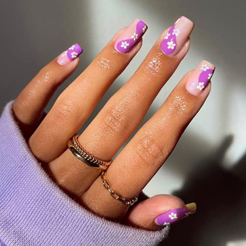 Ceboic Eckig Künstliche Nägel Kurz, French Lila Blumen Nägel Zum Aufkleben, Cute Ballerina Acryl Kunstnägel Press on Nails für Frauen und Mädchen Tägliche Nutzung, 12 Größen 24 Stück von Ceboic