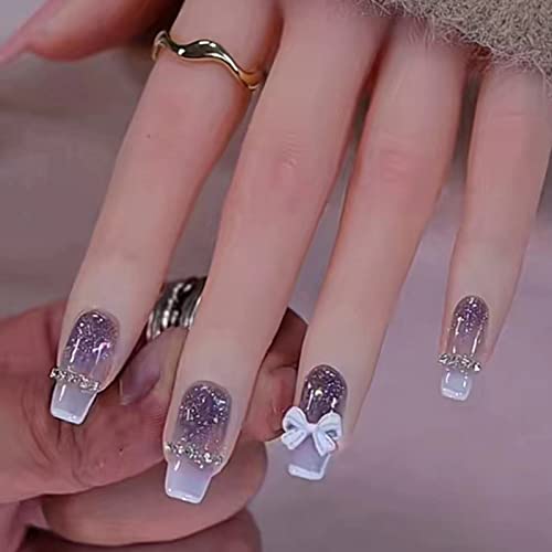 Ceboic Eckig Künstliche Nägel Kurz, French Lila Gradient Nägel Zum Aufkleben, Cute Bow Tie Ballerina Acryl Kunstnägel Press on Nails für Frauen und Mädchen Tägliche Nutzung, 12 Größen 24 Stück von Ceboic